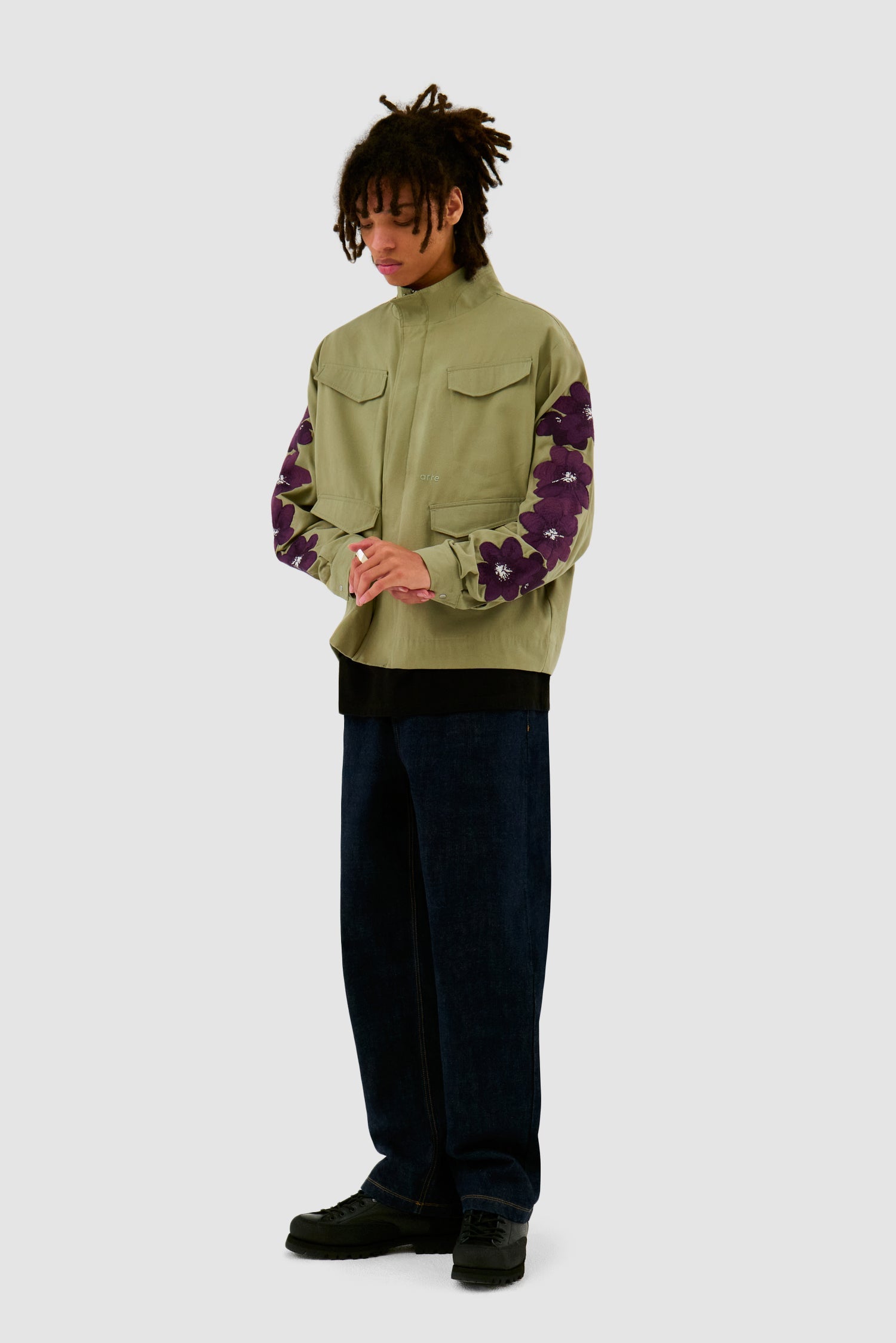Veste brodée de fleurs - Vert olive